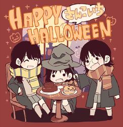  3girls :d akb48 black_footwear black_hair black_robe black_skirt blush cake chair chibi clenched_hand commentary_request food glasses grey_legwear gryffindor halloween happy_halloween harry_potter_(series) hat hogwarts_school_uniform holding holding_wand hufflepuff jack-o&#039;-lantern katou_rena kizaki_yuria long_hair mole mole_above_mouth multiple_girls ooshima_ryouka open_mouth real_life red_scarf robe round_eyewear scarf school_uniform shoes sitting skirt smile solid_circle_eyes sparkle squatting standing striped_clothes striped_scarf table taneda_yuuta v-shaped_eyebrows wand window witch_hat wizarding_world yellow_scarf 