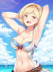  :d armpits arms_behind_head blonde_hair blue_sky blush bow breasts cloud collarbone commentary day djeeta_(granblue_fantasy) djeeta_(summer)_(granblue_fantasy) female futami_(mg42fw190d) granblue_fantasy hair_ornament hairband halterneck highres looking_at_viewer medium_breasts navel ocean official_alternate_costume open_mouth outdoors red_bow short_hair sky smile solo stomach swimsuit teeth twitter_username wet yellow_eyes 