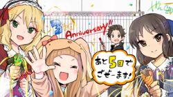  1boy 3girls ^_^ animal_hood anniversary black_hair blonde_hair blouse blue_bow blue_shirt blunt_bangs bow brown_eyes closed_eyes commentary confetti cosplay countdown frilled_sleeves frills green_eyes hairband hairbow highres hood hood_up ichihara_nina idolmaster idolmaster_cinderella_girls idolmaster_cinderella_girls_starlight_stage idolmaster_cinderella_girls_u149 kigurumi kyouno lolita_hairband long_hair long_sleeves marker multiple_girls official_art open_hand party_popper producer_(idolmaster) producer_(idolmaster_cinderella_girls_u149) rabbit_hood reaching reaching_towards_viewer red_shirt sakurai_momoka schedule shirt signature speech_bubble tachibana_arisu translated wavy_hair whiteboard 