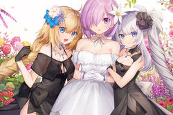  3girls :d arm_hug bad_id bad_pixiv_id bare_shoulders black_bow black_dress black_flower black_gloves black_ribbon black_rose blonde_hair blue_eyes blue_flower blush bow braid breasts choker cleavage clematis_(flower) closed_mouth commentary_request coyucom dahlia dress fate/grand_order fate_(series) flower gerbera girl_sandwich gloves grey_hair hair_between_eyes hair_flower hair_ornament hair_over_one_eye hair_ribbon hand_up hollyhock interlocked_fingers jeanne_d&#039;arc_(fate) jeanne_d&#039;arc_(formal_dress)_(fate) jewelry lily_(flower) long_hair looking_at_viewer marie_antoinette_(fate) marie_antoinette_(formal_dress)_(fate) mash_kyrielight mash_kyrielight_(formal_dress) medium_breasts multiple_girls off-shoulder_dress off_shoulder official_alternate_costume open_mouth own_hands_together parted_lips pendant pendant_choker pink_flower purple_eyes purple_flower purple_hair red_flower ribbon ribbon_choker rose sandwiched see-through short_hair single_braid sleeveless sleeveless_dress smile twintails very_long_hair white_choker white_dress white_flower white_gloves white_lily white_ribbon yellow_flower 