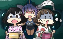  3_3 3girls :d alternate_costume black_hair blue_hair blue_one-piece_swimsuit brown_eyes brown_hair commentary_request dated floral_print glasses haguro_(kancolle) hair_ornament hamu_koutarou highres hitodama i-19_(kancolle) japanese_clothes kantai_collection kimono long_hair long_sleeves multiple_girls name_tag obi oerba_yun_fang one-piece_swimsuit open_mouth pince-nez rectangular_mouth red_eyes roma_(kancolle) rope sash scared school_swimsuit shaded_face short_hair smile star-shaped_pupils star_(symbol) swimsuit symbol-shaped_pupils unworn_eyewear wide_sleeves yukata 