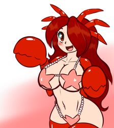  animal_humanoid arthropod arthropod_humanoid asterozoan bikini blush breasts cilia_whitewater claws clothed clothing crab_humanoid crustacean crustacean_humanoid echinoderm female hair humanoid latiar marine marine_humanoid navel open_mouth portrait red_eyes red_hair simple_background smile solo standing starfish starfish_(accessory) starfish_bikini starfish_bra swimwear three-quarter_portrait 