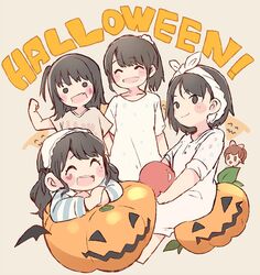  &gt;:) 5girls ^_^ akb48 beige_background black_hair blush bow brown_hair clenched_hand closed_eyes commentary_request facial_mark hairbow halloween hand_up heart holding jack-o&#039;-lantern katou_rena long_hair long_sleeves looking_at_viewer mole mole_under_eye mole_under_mouth mukaichi_mion multiple_girls nightgown nightshirt one_side_up ooshima_ryouka pajamas pink_bow ponytail real_life short_hair short_sleeves sidelocks sitting takahashi_jyuri taneda_yuuta towel towel_on_head twintails v-shaped_eyebrows 