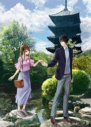  1boy architecture arm_at_side bag black_hair black_ribbon blue_skirt blue_sky brown_footwear brown_hair bush chef_no_kimagure_salad commentary_request day east_asian_architecture female formal grey_pants hair_ribbon handbag holding_hands kyoto_teramachi_sanjo_no_holmes mashiro_aoi medium_hair official_art outdoors pants pink_shirt pond reflection ribbon shirt shoes sidelocks skirt sky sneakers stone suit tree water yagashira_kiyotaka 