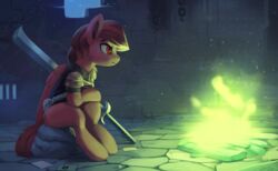  2018 2d_animation animated armor chains clothed clothing colored_fire dungeon equid equine eyebrows eyelashes fan_character feathered_wings feathers feral fire green_fire hair hasbro hooves male mammal melee_weapon my_little_pony mythological_creature mythological_equine mythology pegasus portrait red_body red_eyes red_feathers red_hair rock rodrigues404 satchel short_playtime sitting slay_the_spire solo sword weapon wings wood 