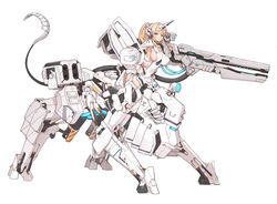  artery_gear blonde_hair blue_eyes breasts cable chinese_commentary commentary_request covered_navel covered_nipples female full_body gun half-closed_eyes highres huge_weapon impossible_clothes large_breasts looking_at_viewer mecha_musume official_art piston rifle rocket_launcher sideboob sideless_outfit skin_tight solo stmast tail weapon white_background 