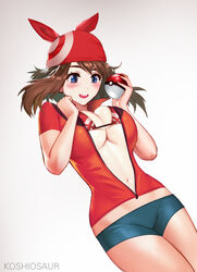  artist_name bad_id bad_pixiv_id bandana bike_shorts bikini bikini_top_only blue_eyes blush breasts brown_hair commentary cowboy_shot female holding holding_poke_ball koshio large_breasts may_(pokemon) navel open_clothes open_mouth poke_ball poke_ball_(basic) pokemon pokemon_rse short_hair short_shorts shorts smile solo swimsuit underboob unzipped 