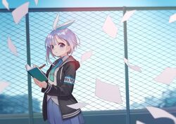  asymmetrical_hair blue_hair blurry blurry_background bow building commentary english_text female fence hairbow headband hood hood_down hooded_jacket jacket looking_at_viewer miyoshino monokaki_aer necktie notebook open_mouth paper pen purple_eyes re_aer school_uniform short_hair sky virtual_youtuber 