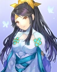  black_hair brown_eyes bug butterfly closed_mouth commentary_request dress female fire_emblem fire_emblem_fates fire_emblem_heroes gradient_background hair_ornament jurge long_hair mikoto_(adrift)_(fire_emblem) mikoto_(fire_emblem) mole ponytail simple_background smile solo upper_body white_butterfly white_dress 