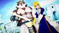  16:9 2019 3d_(artwork) abs accessory anthro artoria_pendragon black_nose blonde_hair bottomwear brown_body brown_fur canid canine canis clothing crossover digital_media_(artwork) dress duo excalibur_(sword) fate_(series) female fur hair headband holding_melee_weapon holding_object holding_sword holding_weapon horkeu_kamui_(tas) human lifewonders loincloth looking_at_viewer male malicekira mammal melee_weapon multicolored_body multicolored_fur muscular muscular_male nipples pecs saber_artoria_pendragon smile standing sword tokyo_afterschool_summoners two_tone_body two_tone_fur type-moon weapon white_body white_fur widescreen wolf yellow_eyes 