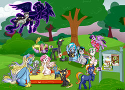  2018 absurd_res alcohol alicorn ambiguous_gender anibaruthecat arthropod bench beverage blush bow_(feature) bow_tie changeling crossbow cutie_mark digital_media_(artwork) english_text equid equine eyelashes fan_character fangs female feral fluttershy_(mlp) friendship_is_magic green_eyes group hair hasbro hi_res hole_(anatomy) horn long_hair lying mammal multicolored_hair my_little_pony mythological_creature mythological_equine mythology open_mouth outside pegasus pink_hair plant ranged_weapon tantabus teeth text tree twilight_sparkle_(mlp) two_tone_hair unicorn weapon wine wings young young_feral 