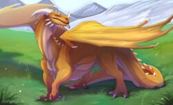  big_muscles claws dragon feral field gold_scales grass hi_res horn long_tail male mountain muscular muscular_feral muscular_male mythological_creature mythological_scalie mythology outside plant qwertydragon scalie solo standing tail valeryn_brightscale wings yellow_eyes 