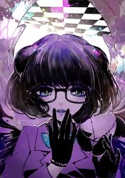  bad_id bad_pixiv_id black-framed_eyewear black_gloves black_hair blue_bow blue_bowtie bow bowtie double_bun female glasses gloves hair_bun hand_up jacket long_sleeves looking_at_viewer mamaloni purple_eyes purple_jacket short_sleeves show_by_rock!! smile solo upper_body yaginupan_(show_by_rock!!) 