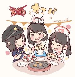  3girls :3 :d :t ^_^ akb48 alice_in_wonderland animal_ears black_eyes black_hair black_headwear blue_shirt blush card chibi closed_eyes commentary_request cosplay earrings eating food food_on_face halloween halloween_costume hat holding holding_plate jewelry long_hair mole mole_under_eye mukaichi_mion multiple_girls nurse nurse_cap o_o ooshima_ryouka open_mouth plate playing_card police police_hat police_uniform rabbit_ears real_life shirt short_hair smile takahashi_jyuri takoyaki takoyaki_pan taneda_yuuta translation_request twintails uniform v-shaped_eyebrows white_rabbit_(alice_in_wonderland) white_rabbit_(alice_in_wonderland)_(cosplay) 