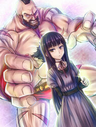  1boy arm_behind_back beard black_hair brown_eyes brown_hair candy chest_hair commentary_request dress expressionless facial_hair female food high_score_girl inaba-no-kuni-tottori lollipop long_hair mohawk muscular oono_akira parted_lips purple_dress red_ribbon ribbon scar standing street_fighter very_long_hair zangief 