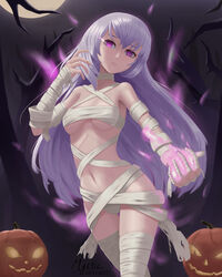  artist_name bandaged_arm bandaged_leg bandages bare_tree breasts closed_mouth commentary_request dated empty_eyes female fire jack-o&#039;-lantern jane_(king&#039;s_raid) king&#039;s_raid light_purple_hair long_hair medium_breasts moon naked_bandage navel night outdoors photoshop_(medium) pink_fire poo_kai_jun purple_eyes solo standing star_(sky) tree very_long_hair 