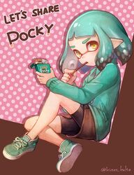  bike_shorts domino_mask english_text female female food highres inkling kiitos mask nintendo pocky shoes sneakers solo splatoon tentacle_hair twitter_username yellow_eyes 