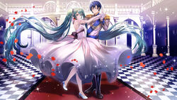  1boy abandon_ranka absurdly_long_hair anniversary bare_shoulders black_choker black_footwear blue_footwear blue_hair boots cendrillon_(vocaloid) checkered_floor choker closed_mouth commentary_request dress elbow_gloves epaulettes female flower gloves green_eyes green_hair grey_pants hair_between_eyes hand_grab hatsune_miku high_heels highres indoors jacket kaito_(vocaloid) knee_boots long_hair long_sleeves official_art pants partial_commentary petals pillar pleated_dress purple_eyes red_flower red_rose rose shoes smile standing standing_on_one_leg twintails very_long_hair video_thumbnail vocaloid white_dress white_gloves white_jacket 