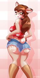  2019 accessory alfa995 anthro ass black_nose blep boots bottomwear breasts brown_eyes brown_hair butt_pose clothed clothing cutoffs daisy_dukes deer denim denim_bottomwear denim_clothing digital_media_(artwork) dipstick_ears doe_(alfa995) ear_markings eyelashes female fingerless_(marking) footwear hair hair_accessory hairband hi_res hotpants knock-kneed long_hair looking_at_viewer looking_back mammal markings multicolored_ears one_eye_closed pose shirt shorts signature smile solo tongue tongue_out topwear wink 