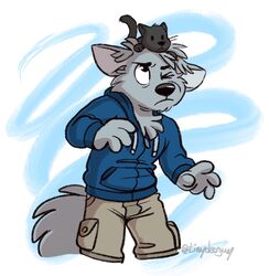  anthro black_body black_fur black_nose blue_clothing blue_hoodie blue_sweatshirt blue_topwear bottomwear canid canine cargo_shorts clothing domestic_cat felid feline felis feral flubluzie fur grey_body grey_fur hi_res hoodie khaki_shorts male mammal one_eye_closed shorts solo tinydeerguy topwear 