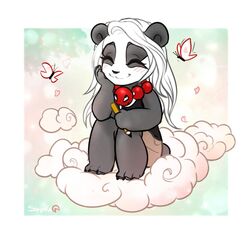  2019 ambiguous_gender anthro arthropod bear better_version_at_source butterfly closed_eyes digital_media_(artwork) female female_focus giant_panda group hair insects lepidopteran mammal shalinka sitting smile solo_focus white_hair 