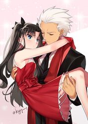  1boy archer_(fate) black_hair blue_eyes blush breasts carrying chinese_commentary closed_eyes commentary_request dark-skinned_male dark_skin dress fate/stay_night fate_(series) female formal hair_ribbon long_hair necktie ribbon suit tohsaka_rin two_side_up white_hair yaoshi_jun 