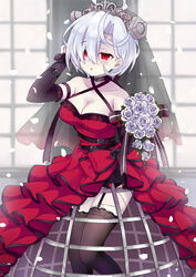  arm_up azur_lane bad_id bad_pixiv_id bare_shoulders black_thighhighs blush bolt_(hardware) bouquet breasts bridal_veil cleavage collarbone commentary_request criss-cross_halter day detached_sleeves dress female flower garter_straps hair_over_one_eye hairband halterneck highres holding holding_bouquet hoop_skirt indoors isao_(wasamoti) layered_dress long_sleeves medium_breasts parted_lips petals pleated_dress red_dress rose see-through solo standing stitches sunlight terror_(azur_lane) thighhighs tiara veil white_flower white_hair white_rose window 