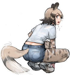  african_wild_dog_(kemono_friends) african_wild_dog_humanoid animal_humanoid ass blush bodily_fluids bottomwear brown_eyes brown_hair canid canid_humanoid canine canine_humanoid clothed clothing crouching denim denim_clothing dipstick_tail female footwear hair hi_res humanoid ibityuttyu kemono_friends legwear mammal mammal_humanoid markings multicolored_hair multicolored_tail open_mouth rear_view shirt shoes short_hair shorts solo sweat tail tail_markings tights topwear two_tone_hair wet 