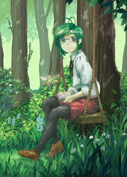  1boy antenna_hair artist_name black_legwear book brown_footwear commentary cousins english_commentary fairy female forest glasses grass green_hair hakamichi_hideaki kamifish katawa_shoujo looking_away mini_person minigirl nature pantyhose pantyhose_under_shorts photoshop_(medium) red_shorts rope satou_akira shirt shoes short_hair shorts sitting swing white_shirt 