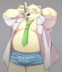  2018 anthro bear belly blush clothed clothing eyewear fur glasses launcher_r leib_(tas) lifewonders male mammal moobs navel necktie open_clothing open_shirt open_topwear overweight overweight_anthro overweight_male polar_bear shirt smoking solo tokyo_afterschool_summoners topwear underwear ursine white_body white_fur 