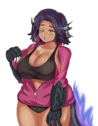  ;o animal_hands breasts claws cleavage collarbone commentary cowboy_shot dark-skinned_female dark_skin english_commentary female fiery_tail fins fire head_fins highres jacket large_breasts lizard_tail monster_girl monster_girl_encyclopedia nav_(itsnav) navel one_eye_closed open_clothes open_jacket purple_fire purple_hair red_eyes salamander_(monster_girl_encyclopedia) short_hair simple_background solo sweat tail tank_top thick_thighs thighs white_background 