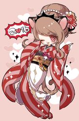  2016 :d bad_id bad_pixiv_id brown_hair cheetah_girl citti_(show_by_rock!!) female flower hair_flower hair_ornament heart japanese_clothes kimono long_sleeves looking_at_viewer mamaloni obi oerba_yun_fang one_eye_closed open_mouth red_eyes red_flower red_footwear red_kimono sandals sash show_by_rock!! sleeves_past_wrists smile solo white_legwear 