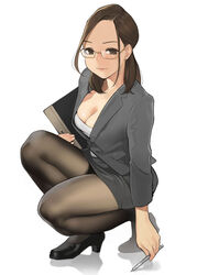  :| black_footwear breasts brown_eyes brown_hair cleavage clipboard closed_mouth commentary_request earrings female formal glasses highres jewelry long_hair looking_at_viewer miru_tights office_lady okuzumi_yuiko pantyhose pen pencil_skirt photoshop_(medium) picking_up skirt solo squatting standing suit thighs yomu_(sgt_epper) 