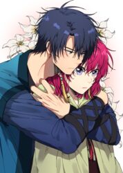  1boy absurdres akatsuki_no_yona black_hair black_ribbon blue_shirt commentary_request couple earrings female floral_background flower green_eyes grey_cloak hak_(akatsuki_no_yona) highres hug hug_from_behind jewelry kwonrugger lily_(flower) long_sleeves parted_lips purple_eyes red_hair ribbon shirt short_hair shoulder_grab straight tassel tassel_earrings twitter_username upper_body white_background white_flower yona_(akatsuki_no_yona) 