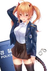  :q alternate_costume arm_behind_head bad_id bad_pixiv_id badge ballistic_shield black_skirt black_thighhighs blue_jacket blush breasts collared_shirt commentary_request cowboy_shot cuffs demon_horns female girls&#039;_frontline gloves hair_between_eyes handcuffs heifetz horns jacket korean_commentary long_hair looking_at_viewer m870_(girls&#039;_frontline) mechanical_tail miniskirt open_clothes open_jacket orange_eyes police police_uniform policewoman shield shirt simple_background skindentation skirt smile solo tail thighhighs tongue tongue_out twintails uniform white_background white_shirt zettai_ryouiki 