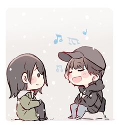  2girls akb48 backpack bag baseball_cap black_eyes black_hair black_headwear black_hoodie black_pants blush chibi closed_eyes coat commentary denim english_commentary green_coat grey_background hat hood hood_down hoodie jeans long_hair mole mole_under_mouth multiple_girls murayama_yuiri music musical_note o_o okada_nana pants real_life short_hair singing sitting smile snowing taneda_yuuta u_u winter 