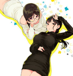  2girls akizono_kanna ass black_hair black_sweater blush braid breasts brown_eyes brown_hair cleavage commentary_request dress glasses hair_ornament hairclip large_breasts long_hair long_sleeves looking_at_viewer lying mole mole_under_mouth multiple_girls naked_sweater no_panties official_art on_back on_stomach red_eyes ribbed_sweater sasamori_tomoe semi-rimless_eyewear simple_background single_braid smile succubus_stayed_life sweater sweater_dress turtleneck turtleneck_sweater under-rim_eyewear white_sweater yomisawa_tsukino 