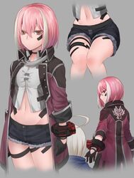  1boy ahoge black_gloves choker closed_mouth coat commentary_request denim denim_shorts female gloves god_eater god_eater_3 grey_background long_sleeves looking_at_viewer multicolored_hair navel nyifu phym_(god_eater) pink_hair player_(god_eater_3) short_hair shorts simple_background smile white_hair 