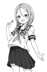  :d blush braid commentary_request female flat_chest greyscale hair_between_eyes looking_at_viewer midriff_peek monochrome open_mouth pleated_skirt school_uniform serafuku shimo_(shimo_00) shogi_piece short_sleeves skirt smile solo soredemo_ayumu_wa_yosetekuru twin_braids uniform yaotome_urushi 