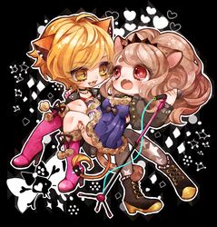  2girls animal_ears bad_id bad_pixiv_id big_hair black_background black_choker black_jacket blonde_hair blush boots brown_hair carrying cheetah_girl chibi choker citti_(show_by_rock!!) dress eye_contact fangs grey_legwear high_heel_boots high_heels holding holding_microphone jacket jewelry laina_(show_by_rock!!) lion_ears lion_girl lion_tail looking_at_another mamaloni microphone microphone_stand multiple_girls necklace outline pantyhose pigeon-toed pink_footwear ponytail princess_carry purple_dress red_eyes short_sleeves show_by_rock!! slit_pupils smile tail white_outline yellow_eyes yuri 