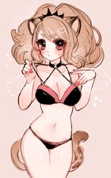  animal_ears bad_id bad_pixiv_id bare_shoulders big_hair bikini black_bikini black_choker blush breasts cheetah_girl choker citti_(show_by_rock!!) cleavage closed_mouth cowboy_shot female fingernails heart large_breasts lion_ears lion_tail looking_at_viewer mamaloni nail_polish navel o-ring o-ring_top ponytail red_eyes red_nails short_hair show_by_rock!! solo standing sweatdrop swimsuit tail 