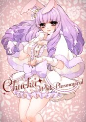  animal_ears bad_id bad_pixiv_id big_hair blush bow breasts capelet character_name chuchu_(show_by_rock!!) cleavage detached_sleeves dress drill_hair eyelashes female floral_background frilled_dress frills fur_trim hat long_hair looking_at_viewer mamaloni pink_background purple_bow purple_eyes purple_hair rabbit_ears show_by_rock!! smile solo standing top_hat white_capelet white_dress white_hat 