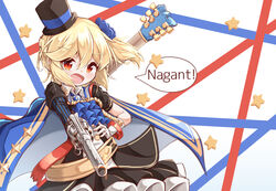  absurdres asymmetrical_gloves asymmetrical_sleeves bad_id bad_pixiv_id black_gloves black_hat black_shirt black_skirt blonde_hair blue_cape blue_flower blue_neckwear blue_rose blush braid cape commentary_request electric_guitar female fingerless_gloves flower girls&#039;_frontline gloves guitar gun hair_between_eyes hair_flower hair_ornament hand_on_own_hip handgun hat highres holding holding_gun holding_weapon instrument instrument_on_back layered_sleeves long_hair long_sleeves looking_at_viewer matsuo_(matuonoie) mini_hat mini_top_hat mismatched_gloves multicolored_cape multicolored_clothes nagant_m1895 nagant_revolver_(astral_bond)_(girls&#039;_frontline) nagant_revolver_(girls&#039;_frontline) name_connection object_namesake official_alternate_costume open_mouth pleated_skirt red_eyes revolver rose shirt short_over_long_sleeves short_sleeves skirt solo star_(symbol) tilted_headwear top_hat uneven_sleeves v-shaped_eyebrows weapon white_cape white_gloves 