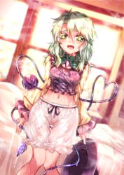  bed bloomers blush breasts collar commentary_request dripping female green_eyes green_hair half-closed_eyes happy hat highres hip_focus holding holding_clothes holding_hat knees_together_feet_apart komeiji_koishi looking_at_viewer medium_breasts medium_hair messy_hair navel no_pants nomayo open_clothes open_mouth open_shirt pillow puffy_sleeves stained_clothes sunlight sweat tearing_up tears thigh_gap third_eye touhou underwear unworn_hat unworn_headwear wet window 