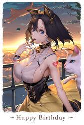  animal animal_ears arm_at_side bag bare_arms bell black_hair blue_eyes blue_nails bracelet breasts buttons cat_ears chains chocolate collar commentary corset earrings english_commentary english_text fake_animal_ears feline female food_in_mouth hair_between_eyes halterneck happy_birthday heart heart_tattoo highres holding holding_bag hoop_earrings in-ear_earphones itoucon jewelry large_breasts looking_at_viewer mole mole_under_eye nail_polish neck_bell original outdoors photoshop_(medium) railing short_hair sideboob skirt tattoo tree vest watch wind wristwatch yellow_skirt 