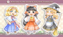  3girls alice_margatroid apron ascot black_eyes black_hair blonde_hair blue_dress blue_eyes blush book bow braid broom capelet commentary_request detached_sleeves dress english_text graphite_(medium) hair_tubes hairband hakumei_to_mikochi hakurei_reimu hat hat_bow highres kirisame_marisa lolita_hairband long_hair multiple_girls open_mouth parody perfectfreeze sash short_hair side_braid single_braid skirt skirt_set smile style_parody thick_eyebrows touhou traditional_media typo waist_apron wide_sleeves witch_hat yellow_eyes 