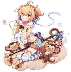  :3 =_= ahoge andira_(granblue_fantasy) animal_ears bell between_legs blonde_hair blue_bow blue_shorts blush bow brown_eyes cleavage_cutout closed_mouth clothing_cutout cloud commentary_request erune female flying_nimbus from_side fur_trim gold_trim granblue_fantasy highres jingle_bell kneeling long_sleeves looking_at_viewer lying midriff monkey monkey_ears monkey_girl monkey_tail navel on_back petals sharlorc short_hair short_twintails shorts smile staff striped_clothes striped_thighhighs tail tail_bell tail_bow tail_ornament thighhighs twintails white_background 