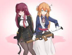  2girls arm_support blush breasts brown_hair bullpup cleaning_gun closed_mouth commentary_request dress flying_sweatdrops girls&#039;_frontline gloves green_eyes gun hadoukirby hair_between_eyes hands_on_own_face holding holding_weapon humming long_hair multiple_girls musical_note necktie nose_blush pantyhose purple_hair rifle sexually_suggestive skirt smile sniper_rifle springfield_(girls&#039;_frontline) thought_bubble wa2000_(girls&#039;_frontline) walther walther_wa_2000 weapon white_skirt 