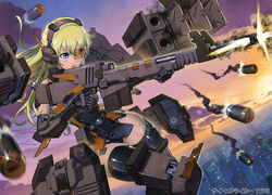  :o absurdres alice_gear_aegis belt black_gloves black_legwear blonde_hair blue_eyes breasts brown-tinted_eyewear bullet cityscape commentary dutch_angle elbow_gloves explosive female firing glint gloves goodotaku grenade gun headset highres holding holding_gun holding_weapon long_hair looking_to_the_side mechanical_legs medium_breasts midair pouch rocket_launcher scouter solo tinted_eyewear twilight virginia_glynnberets weapon 