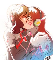  2girls backlighting blush bodysuit brown_eyes brown_hair commentary d.mon_(overwatch) d.va_(overwatch) english_commentary facial_mark flipped_hair french_kiss headphones kissing long_hair medium_hair multiple_girls onsta overwatch overwatch_1 pilot_suit science_fiction shoulder_grab shoulder_pads surprise_kiss surprised whisker_markings yuri 